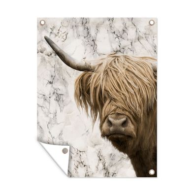 Gartenposter - Schottisches Hochlandrind - Marmor - Kuh - 90x120 cm - Gartendeko