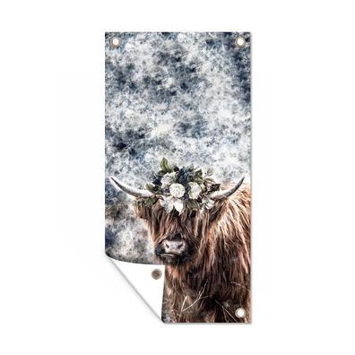 Gartenposter - Schottisches Hochlandrind - Rauch - Blumen - 30x60 cm - Gartendeko