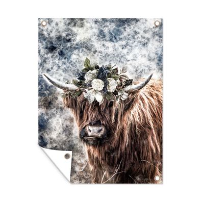 Gartenposter - Schottisches Hochlandrind - Rauch - Blumen - 60x80 cm - Gartendeko