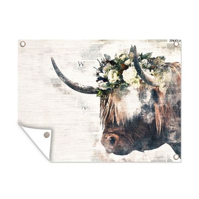 Gartenposter - Schottisches Hochlandrind - Rauch - Blumen - 80x60 cm - Gartendeko