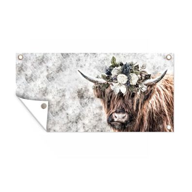 Gartenposter - Schottisches Hochlandrind - Rosen - Rauch - 80x40 cm - Gartendeko