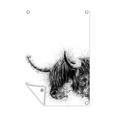 Gartenposter - Schottisches Hochlandrind - Schwarz - Weiß - Abstrakt - 60x90 cm - Gar