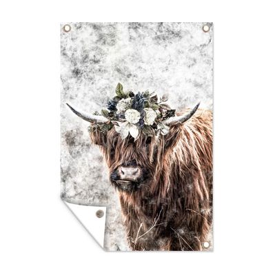 Gartenposter - Schottisches Hochlandrind - Schwarz - Weiß - Blumen - 80x120 cm - Gart