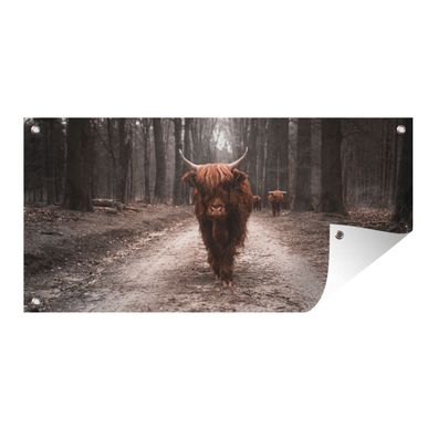 Gartenposter - Schottisches Hochlandrind - Tiere - Bäume - 80x40 cm - Gartendeko