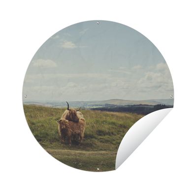 Gartenposter Rund - Schottisches Hochlandrind - Gras - Wolken - Tiere - Ø 60 cm - Gar