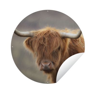 Gartenposter Rund - Schottisches Hochlandrind - Hörner - Haare - Ø 120 cm - Gartendek
