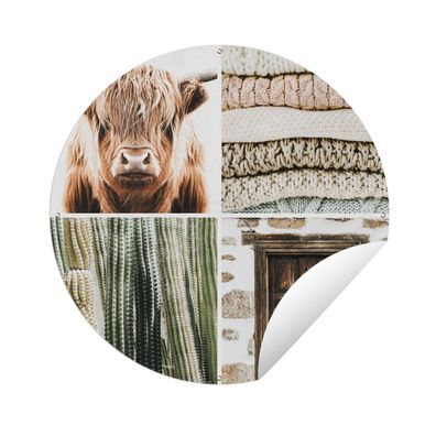 Gartenposter Rund - Schottisches Hochlandrind - Kaktus - Holz - Ø 60 cm - Gartendeko