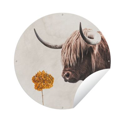 Gartenposter Rund - Schottisches Hochlandrind - Kuh - Blume - Ø 120 cm - Gartendeko