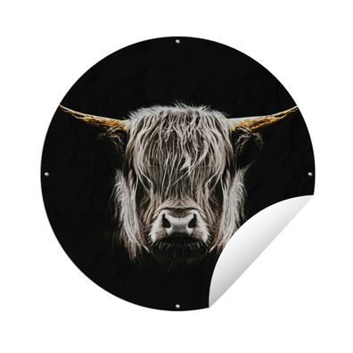 Gartenposter Rund - Schottisches Hochlandrind - Schwarz - Weiß - Hörner - Ø 150 cm -