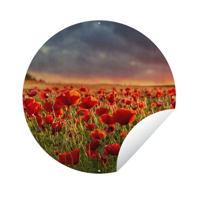 Gartenposter Rund - Sonnenuntergang - Mohnblumen - Rot - Ø 120 cm - Gartendeko