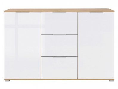 Sideboard Zele 135cm Weiß Hochglanz/ Wotan Eiche Anrichte Design Kommode