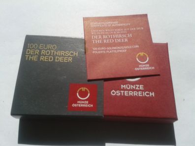 Umverpackung, Zertifikat + Etui für 100 euro 2013 Rothirsch Gold NO coin
