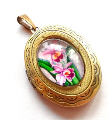 Nostalgie Style Medallion Metall Messing Antik mit Cabochon Bild Orchideen