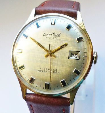 Schöne und seltene Excellent Super Calendar 17Jewels Herren Vintage Armbanduhr