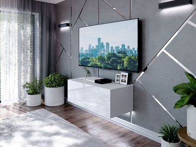 TV-Lowboard TV-Schrank Colgante 100 Weiß Hochglanz mit LED Beleuchtung