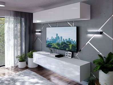 Wohnwand TV-Lowboard TV-Schrank Colgante Weiß Hochglanz mit LED Beleuchtung