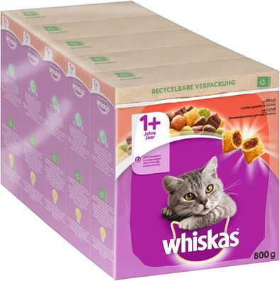 Whiskas Katzenfutter Trockenfutter 1+ mit Rind 5x800g