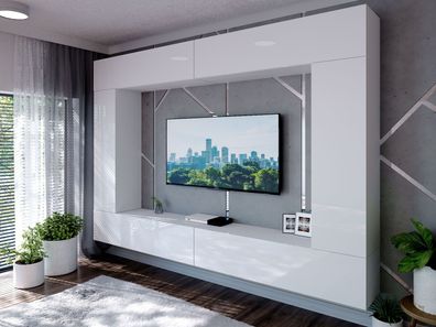 Wohnwand TV-Lowboard TV-Schrank Colgante V Weiß Hochglanz mit LED Beleuchtung