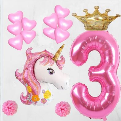 Baby Party Set 3 Geburtstag ? XXL-Zahl 102cm? Luftballons Heliumballon Einhorn
