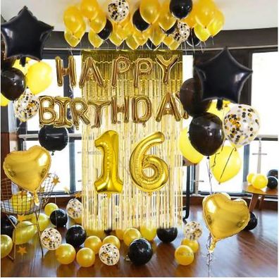 16. Geburtstag Deko Gold Set - Happy Birthday Folien Luftballons Konfetti Ballons