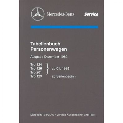 Mercedes-Benz Typ 124 126 129 201 ab 01.1989 Ausgabe Dez. 1989 Tabellenbuch