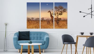 Leinwand Bilder SET 3-Teilig Giraffe Baeume Berge 3D-Landschaft Wandbilder 5127
