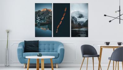 Leinwand Bilder SET 3-Teilig Boote Berge SEE Nebel 3D Wandbilder xxl 5189
