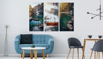 Leinwand Bilder SET 3-Teilig BOOTE Lake Mountains Schnee Wandbilder xxl 5190