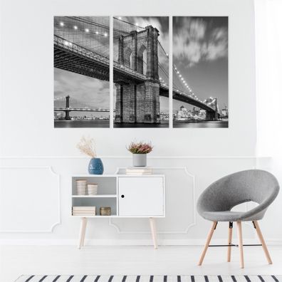 Leinwand Bilder SET 3-Teilig GRAU NY 3D Brooklyn Bridge Wandbilder xxl 5848