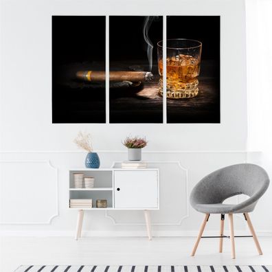 Leinwand Bilder SET 3-Teilig Whisky im Glas Zigarre Smoke 3D Wandbilder xxl 5889