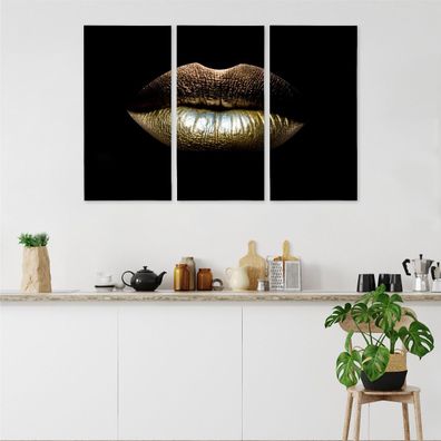 Leinwand Bilder SET 3-Teilig Goldene Lippen Wanddekoration Wandbilder xxl 6171