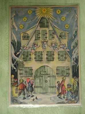 sehr alter mini Adventskalender Sütterlin-signiert Haus Engelreigen ca 20,5x14,5cm