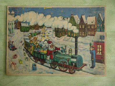 sehr alter Adventskalender von Christkindl Weihnachtsmann im Zug bringt Geschenke