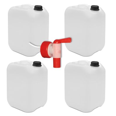 plasteo 4er Set: 10 Liter Getränke- Leer- Wasserkanister mit 1 Auslaufhahn