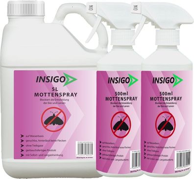 INSIGO 5L + 2x500ml Mottenspray Mottenschutz gegen Kleidermotten Lebensmittelmotten
