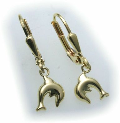 Neu Kinder Ohrringe Hänger Ohrhänger Delfin 3D Glanz 333 Gold Gelbgold Qualität
