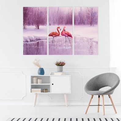 Leinwand Bilder SET 3-Teilig Flamingos Violette Landschaft 3D Wandbilder 4798