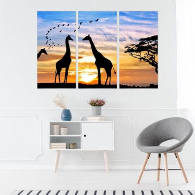 Leinwand Bilder SET 3-Teilig Giraffen bei Sonnenuntergang 3D Wandbilder xxl 4893
