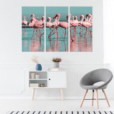 Leinwand Bilder SET 3-Teilig Flamingos Voegel ueber Wasser 3D Wandbilder xxl 4955
