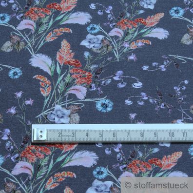 0,5 Meter Stoff Baumwolle Elastan Single Jersey dunkelblau Blumenwiese dehnbar