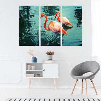 Leinwand Bilder SET 3-Teilig Flamingos ueber dem Wasser Natur 3D Wandbilder 5001