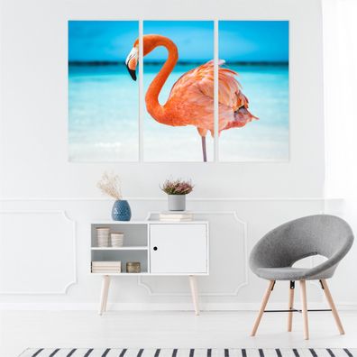 Leinwand Bilder SET 3-Teilig Flamingos Meer Natur Tiere Vögel Landschaft 5082