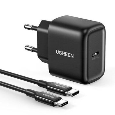 Ugreen USB Reiseladegerät Typ C 25W Power Delivery + USB Kabel Typ C 2M Handy-Lade...