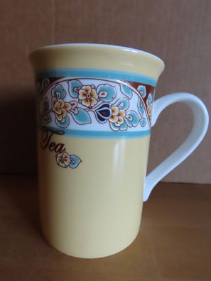 Tasse Becher Kaffeepott gelb mit Blumen Tea / Könitz
