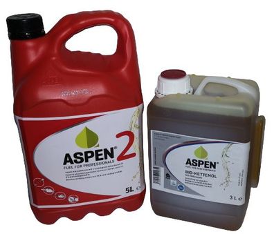 Aspen 2 Sonderkraftstoff 5 Liter für 2 Takt Motoren und 3 Liter Bio Kettenöl