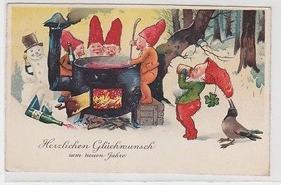 65024 Neujahrs Ak Zwerge im Wald brauen Punsch 1938
