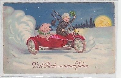 65107 Neujahrs Ak Schornsteinfeger und Glücksschwein im Seitenwagenmotorrad 1930