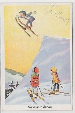 67684 Humor Ak 3 Kinder mit Ski "Ein kühner Sprung" 1931