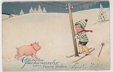 67371 Neujahrs Ak Kind mit Ski und Glücksschwein 1930