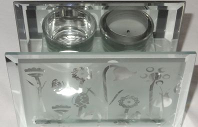 DU Kerzenhalter Kerzenständer Spiegel + Glas matt mit Blumendekor 14x10x6 kaum g